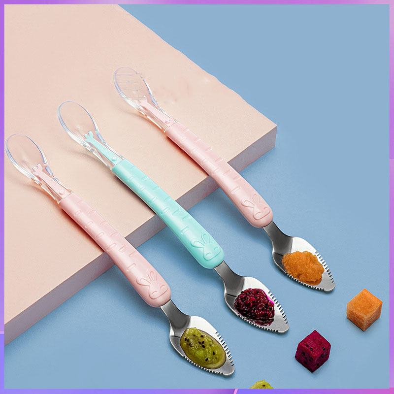Baby Food Eating - リンゴのピューレを食べるための双頭スクレーパースプーン、フルーツピューレをこするためのスクレーパースプーン、授乳や離乳食補助用のツール