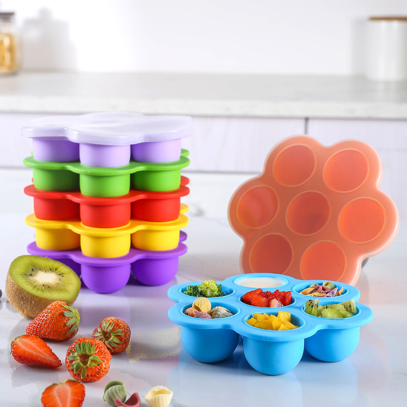 Baby Food Freezer Tray - 7穴再利用可能シリコン製ベビーフード冷凍トレイ、卵型保存容器、BPAフリー、蓋付きベビーフード保存容器