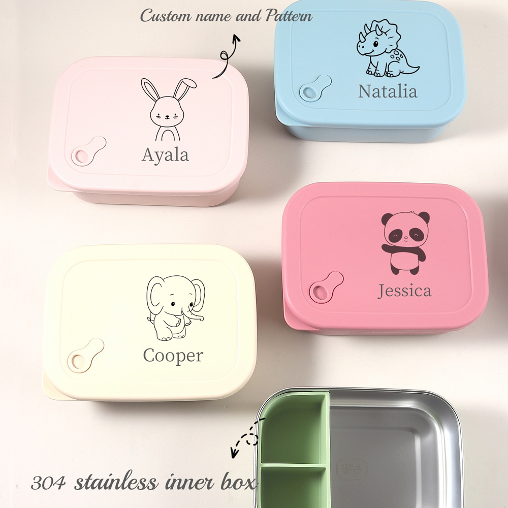 Baby Food Freezer Tray - 1200ml 1個入り カスタム名＆柄入りシリコン製子供用ランチボックス、3つのコンパートメント付き弁当箱、BPAフリー、漏れ防止ステンレス製学校用