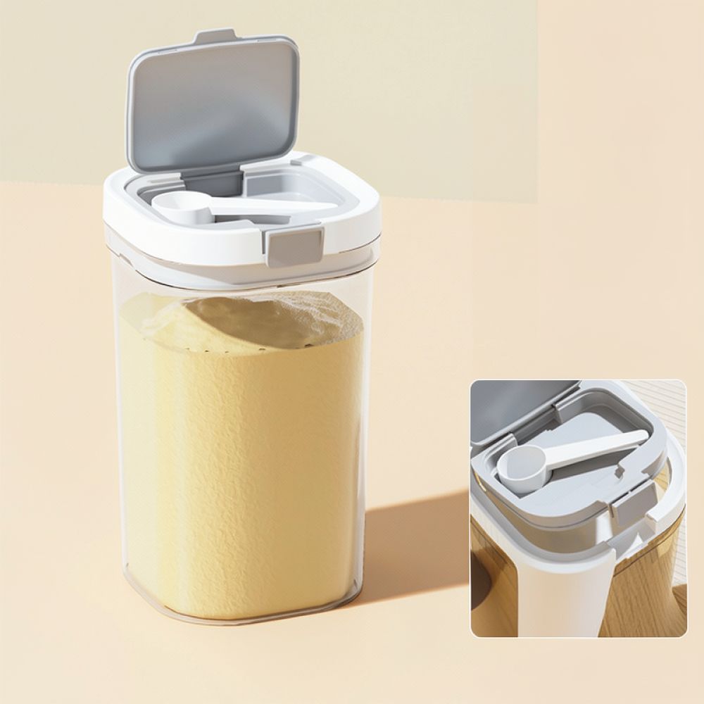 Dry Food Baby - 密閉式のキッチン用食品保存容器。粉ミルクの整理・収納に最適。透明な四角いプラスチック製で、計量スプーンが付属。