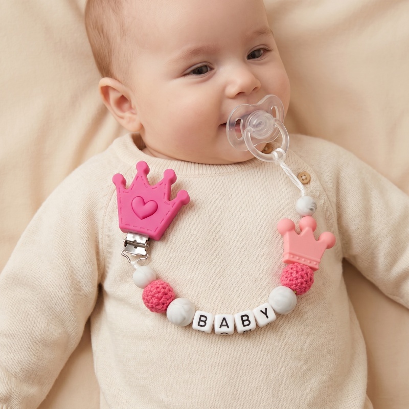 Baby Food Name - パーソナライズベビーおしゃぶりクリップ カスタムネーム シリコン歯固めホルダー BPAフリー クラウンおしゃぶりチェーン ダミークリップ