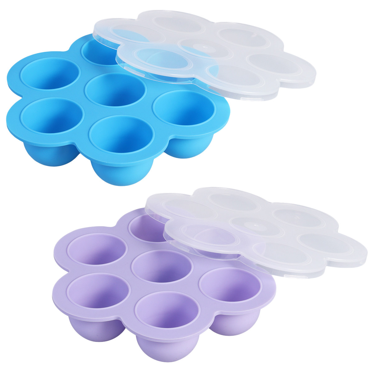 Baby Food Freezer Tray - 高品質な食品グレードのシリコン製、7つの仕切り付きのベビーフード収納トレイ2個セット。クリップ式の丈夫なプラスチック製蓋付き。冷凍庫、電子レンジ、オーブンでの使用が可能。