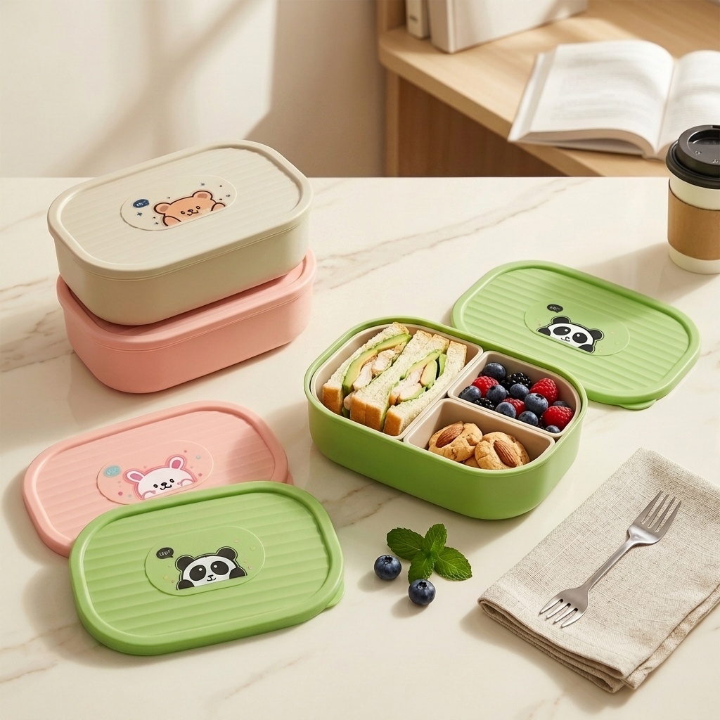 Baby Food Fruits - かわいいプラスチック製の分割ランチボックス子供学生用ポータブル密封された取り外し可能な3グリッドフルーツサラダ食品容器電子レンジ対応