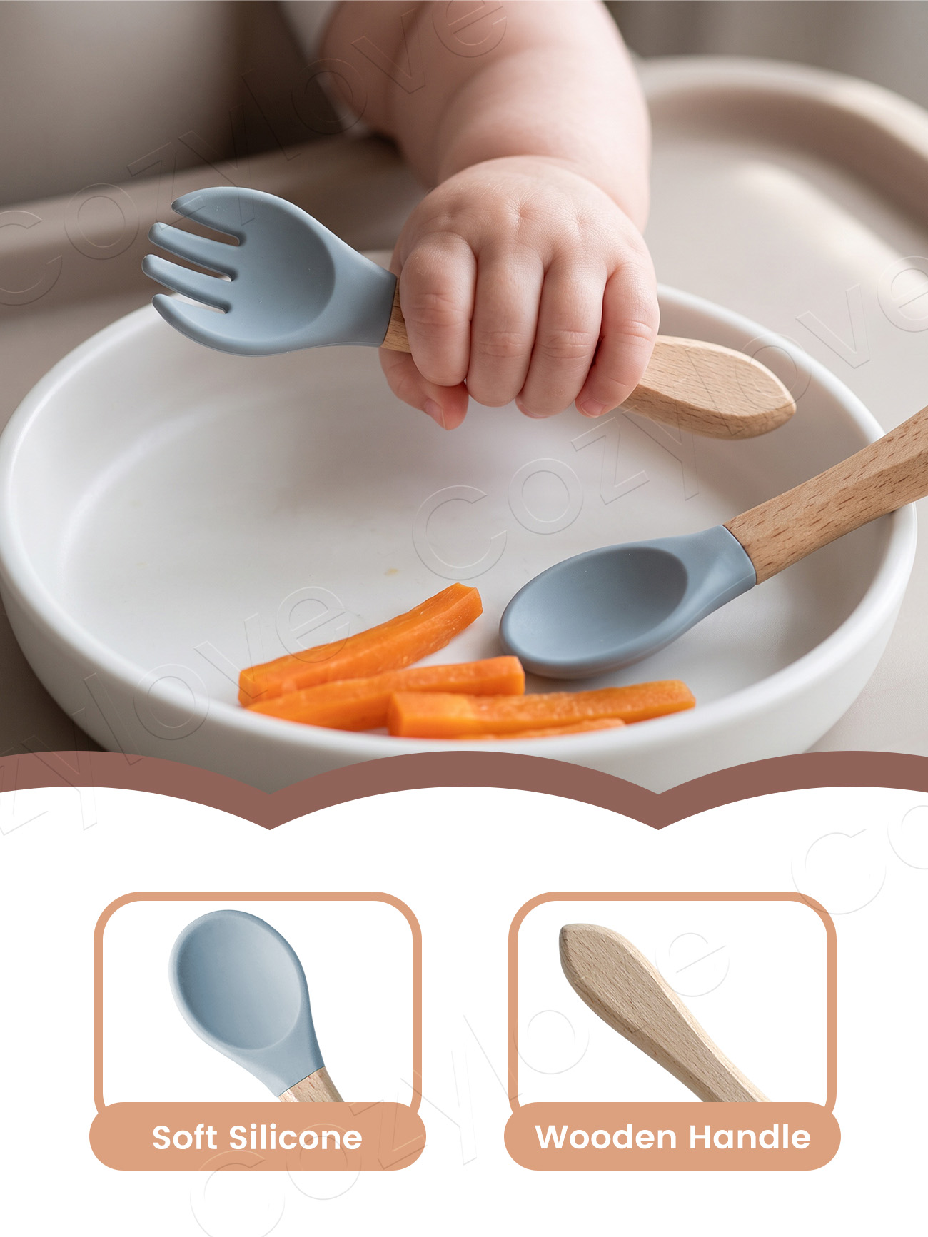 ベビーシリコンフォークスプーンセット、天然木製ハンドル付き幼 - Baby Food Eating のレビューと価格