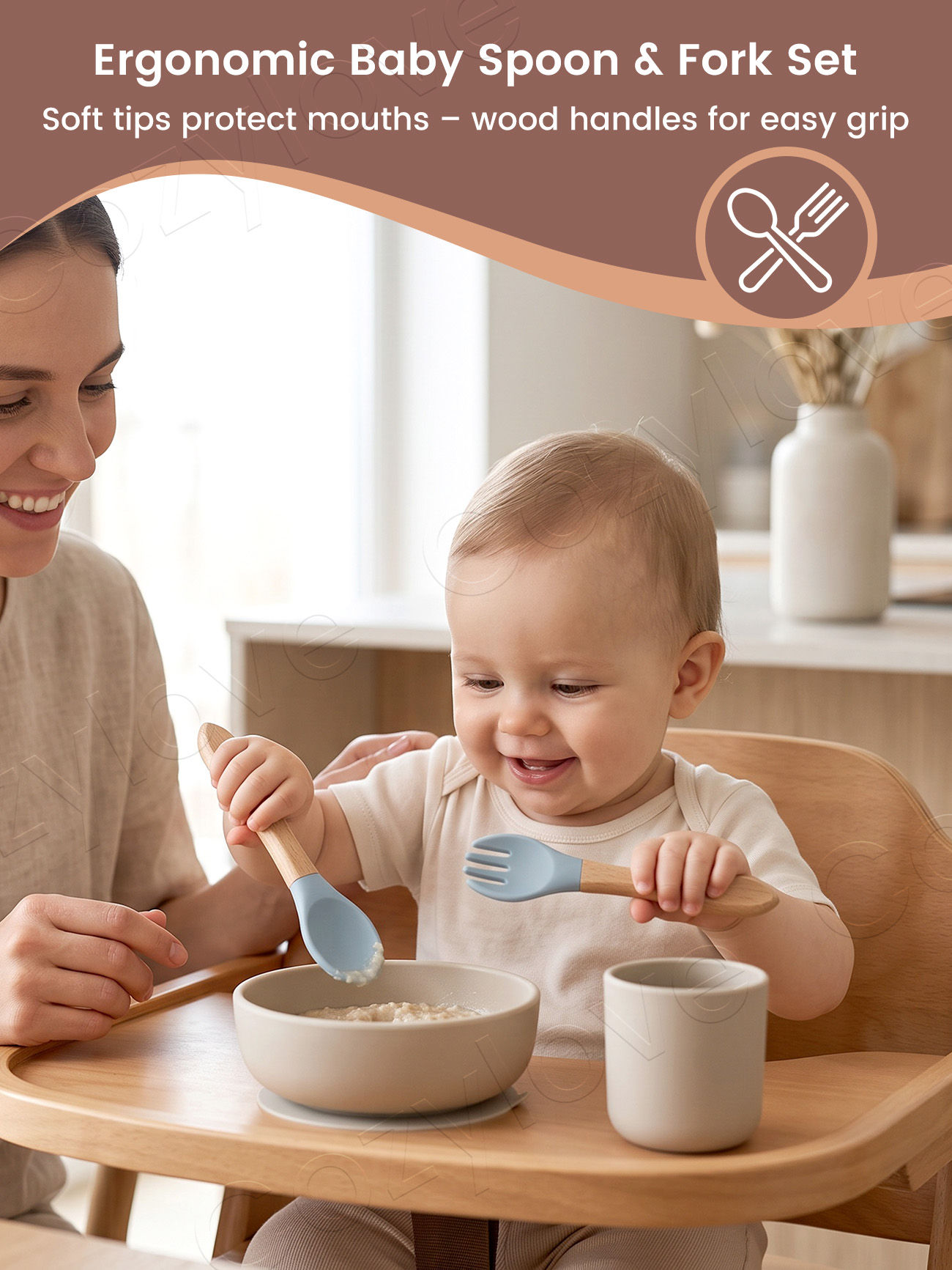 ベビーシリコンフォークスプーンセット、天然木製ハンドル付き幼 - Baby Food Eating のレビューと価格
